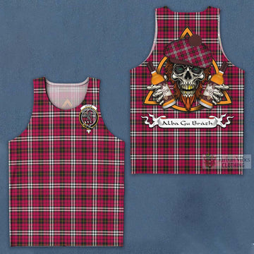 Little Tartan Men's Tank Top with Family Crest and Bearded Skull Holding Bottles of Whiskey