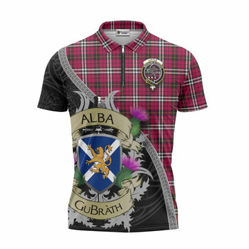 Little Tartan Family Crest Zipper Polo Shirt Lion Rampant Royal Thistle Shield Celtic Inspired