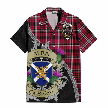 Tartan Vibes Clothing Little Tartan Family Crest Short Sleeve Button Shirt Lion Rampant Royal Thistle Shield Celtic Inspired