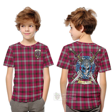 Little Tartan Kid T-Shirt with Family Crest Celtic Skull Style