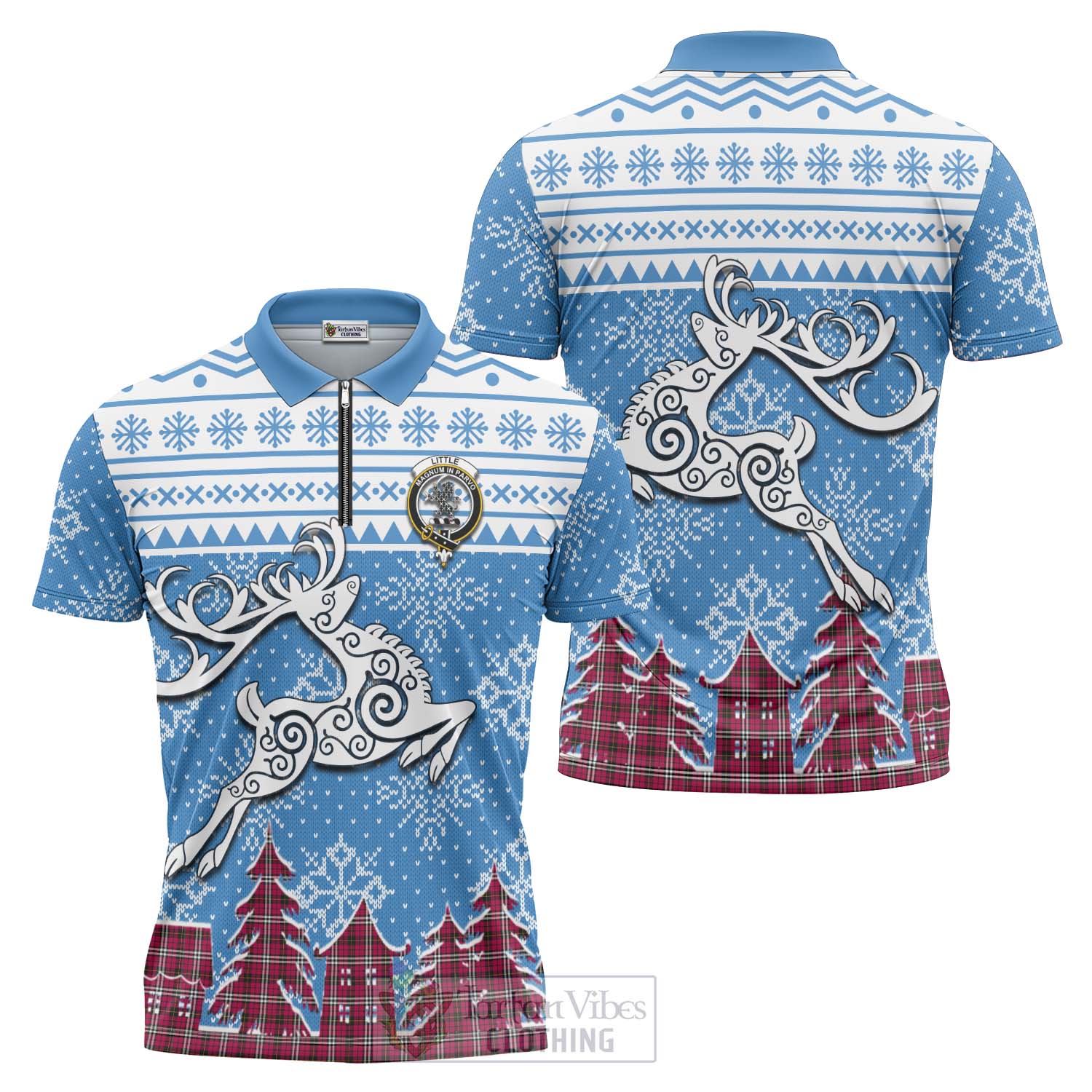Little Clan Christmas Zipper Polo Shirt Celtic Reindeer Style Unisex - Tartan Vibes Clothing