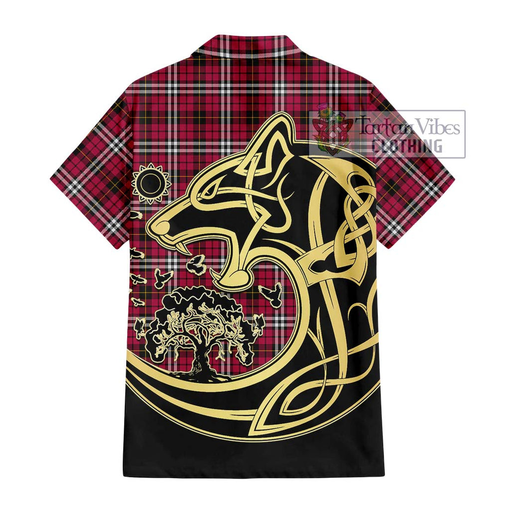 Little Tartan Short Sleeve Button Shirt with Family Crest Celtic Wolf Style - Tartan Vibes Clothing