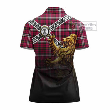 Little Crest Tartan Women's Polo Shirt with Golden Lion Emblem Celtic Style