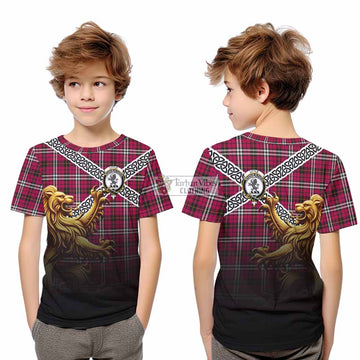 Little Crest Tartan Kid T-Shirt with Golden Lion Emblem Celtic Style