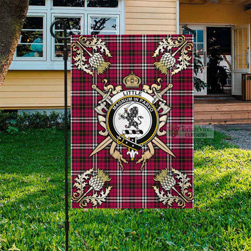Little Tartan Garden Flag with Family Crest and Golden Thistle Crossed Sword Design