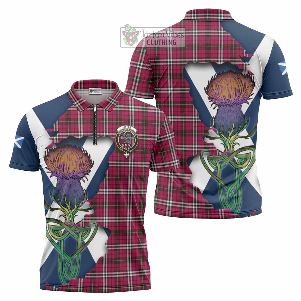Tartan Vibes Clothing Little Tartan Family Crest Zipper Polo Shirt Scottish Thistle Celtic Inspired