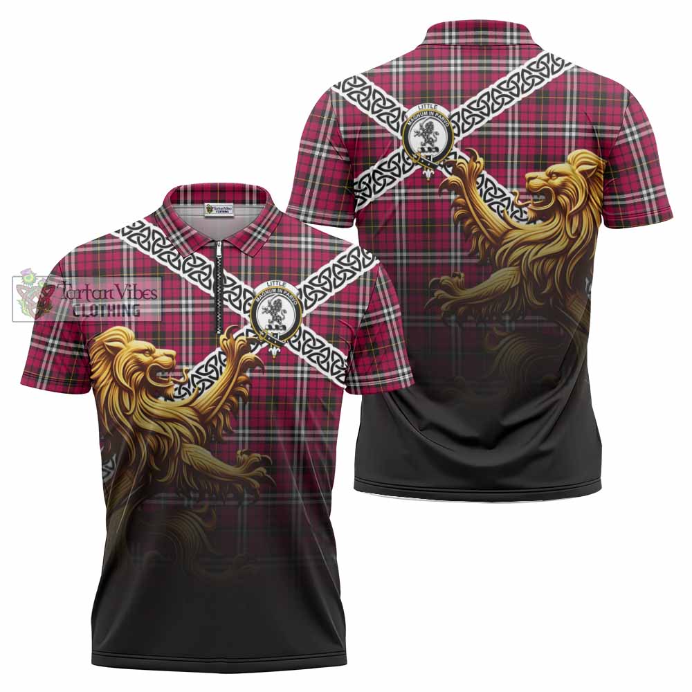 Tartan Vibes Clothing Little Crest Tartan Zipper Polo Shirt with Golden Lion Emblem Celtic Style