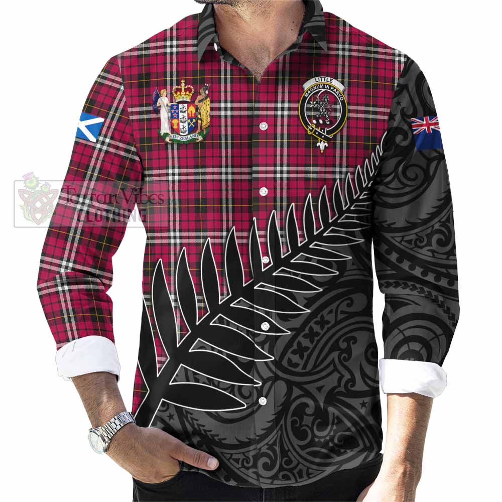 Tartan Vibes Clothing Little Crest Tartan Long Sleeve Button Shirt with New Zealand Silver Fern Half Style