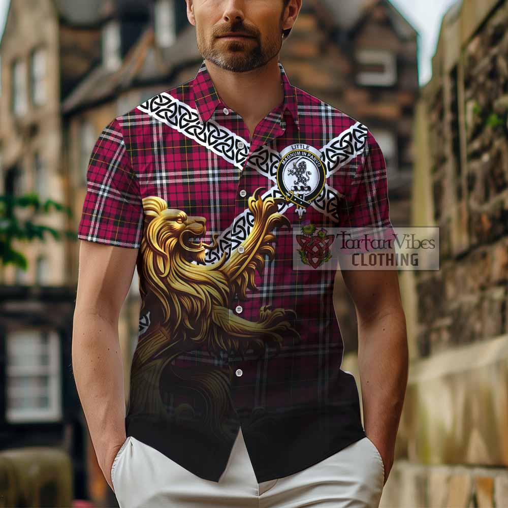 Tartan Vibes Clothing Little Crest Tartan Short Sleeve Button Shirt with Golden Lion Emblem Celtic Style