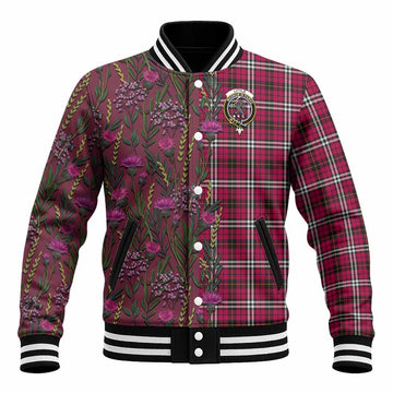 Little Family Crest Tartan Baseball Jacket Scottish Thistle Flower Pattern Half Style