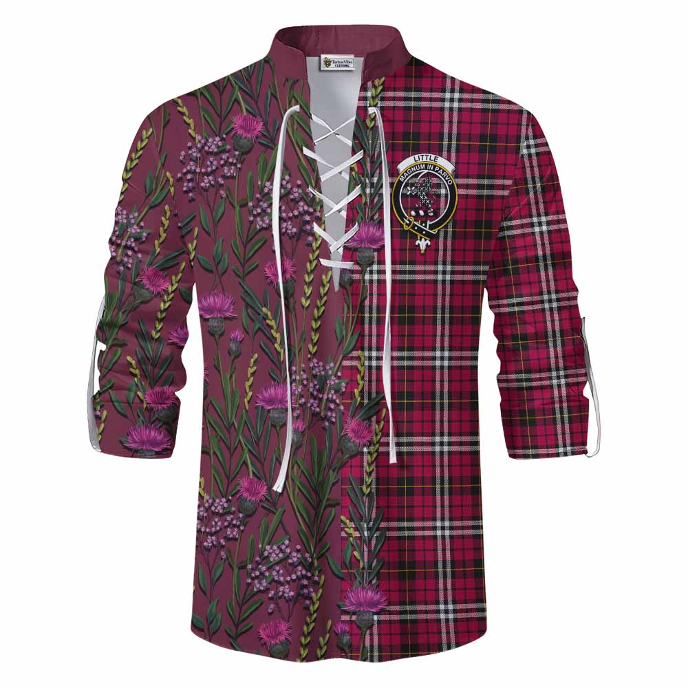 Little Family Crest Tartan Ghillie Shirt Scottish Thistle Flower Pattern Half Style - Tartan Vibes Clothing
