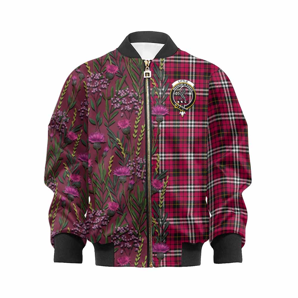 Little Family Crest Tartan Kid Bomber Jacket Scottish Thistle Flower Pattern Half Style - Tartan Vibes Clothing