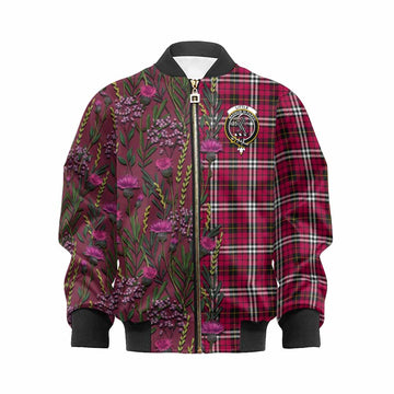Little Family Crest Tartan Kid Bomber Jacket Scottish Thistle Flower Pattern Half Style - Tartan Vibes Clothing