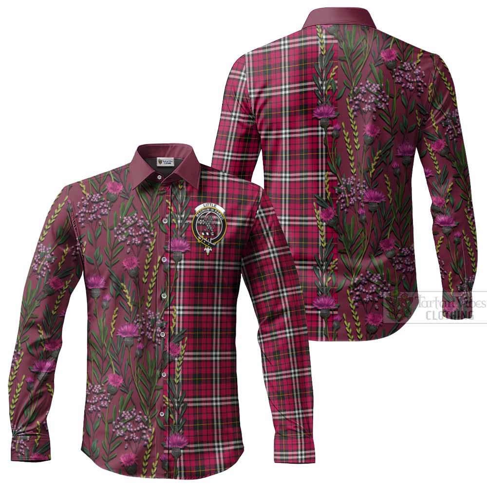 Little Family Crest Tartan Long Sleeve Button Shirts Scottish Thistle Flower Pattern Half Style - Tartan Vibes Clothing