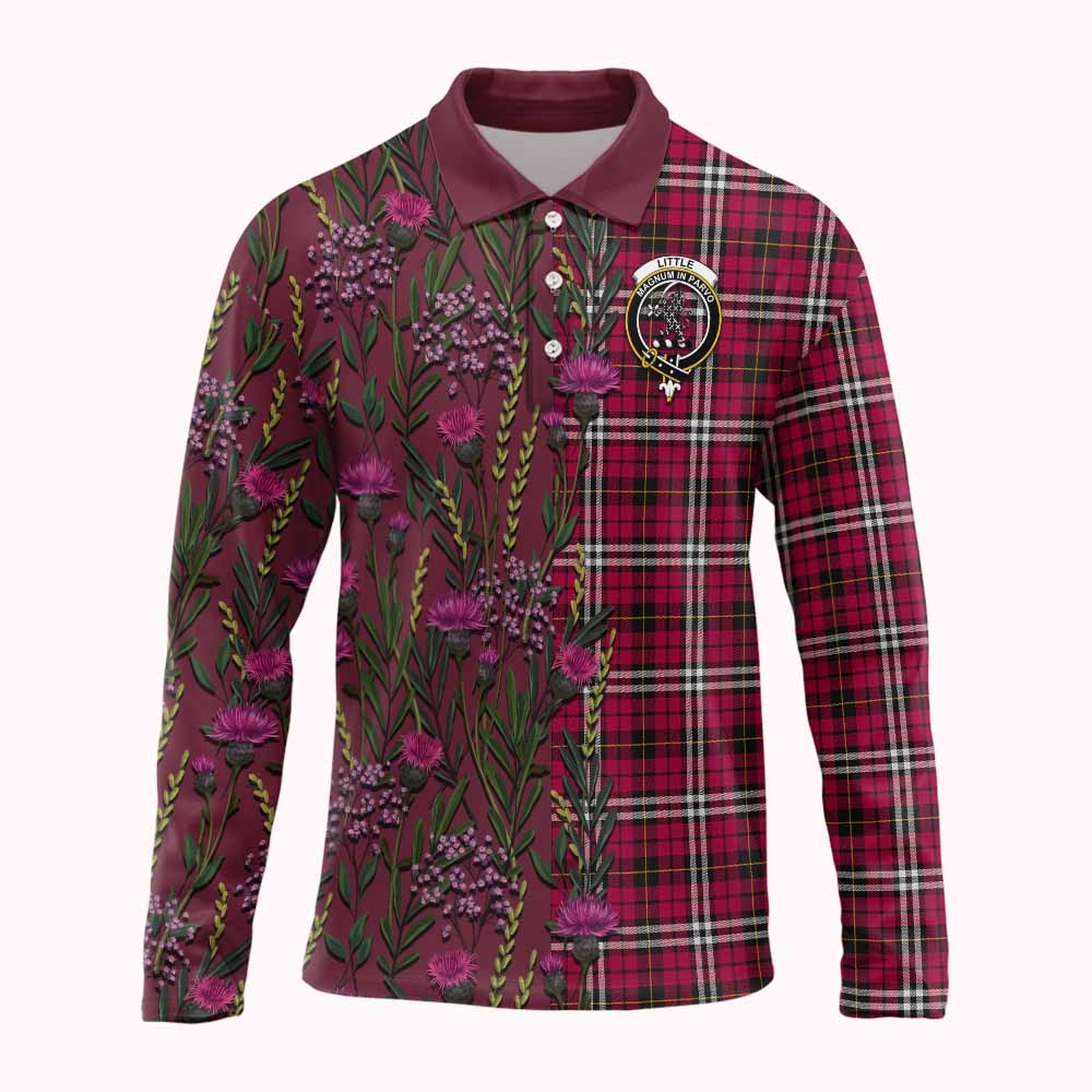 Little Family Crest Tartan Long Sleeve Polo Shirt Scottish Thistle Flower Pattern Half Style - Tartan Vibes Clothing