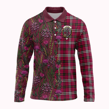 Little Family Crest Tartan Long Sleeve Polo Shirt Scottish Thistle Flower Pattern Half Style - Tartan Vibes Clothing