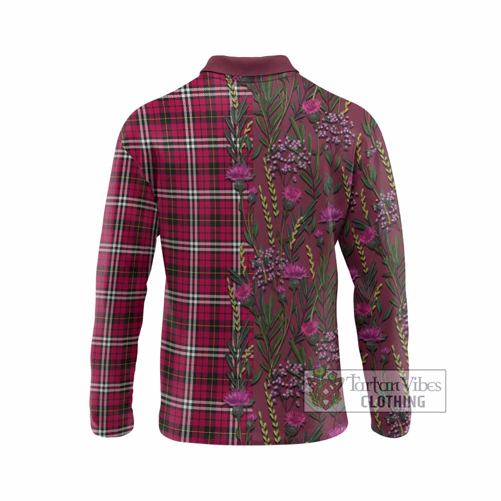 Little Family Crest Tartan Long Sleeve Polo Shirt Scottish Thistle Flower Pattern Half Style - Tartan Vibes Clothing
