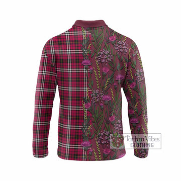 Little Family Crest Tartan Long Sleeve Polo Shirt Scottish Thistle Flower Pattern Half Style - Tartan Vibes Clothing