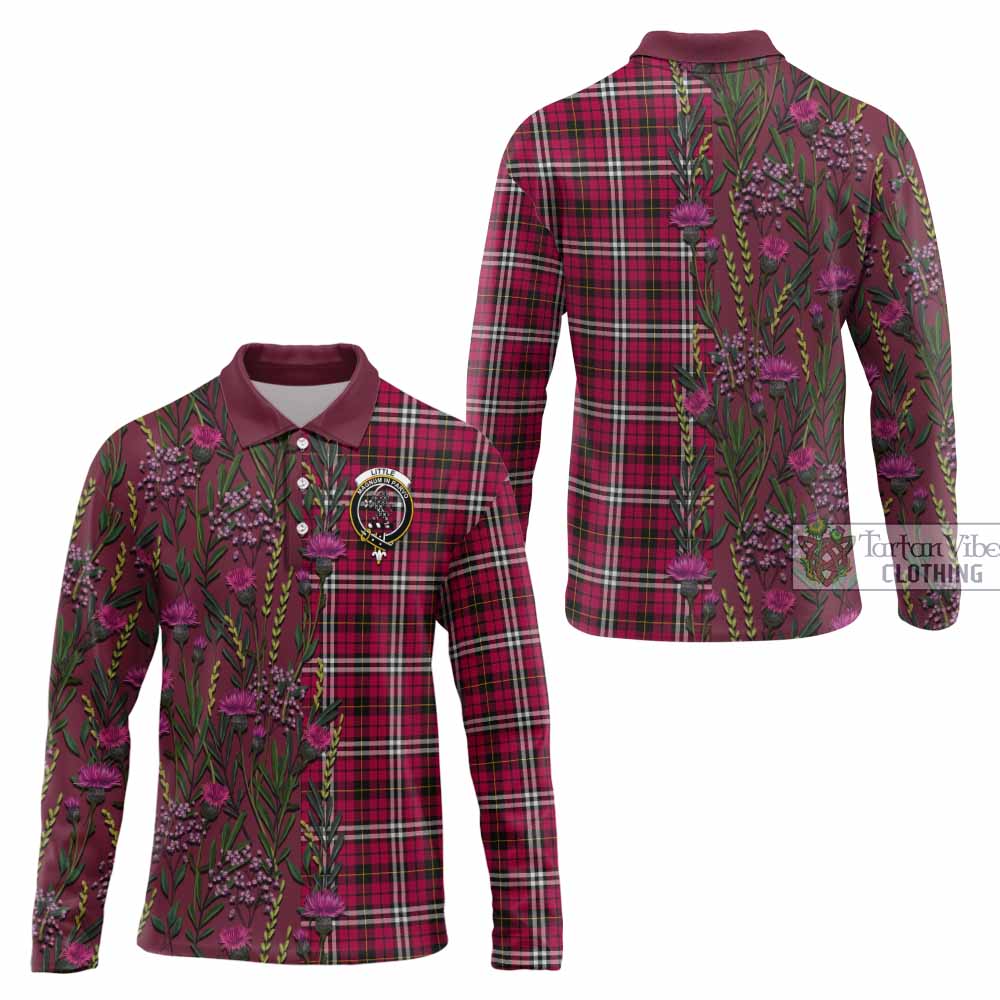 Little Family Crest Tartan Long Sleeve Polo Shirt Scottish Thistle Flower Pattern Half Style - Tartan Vibes Clothing