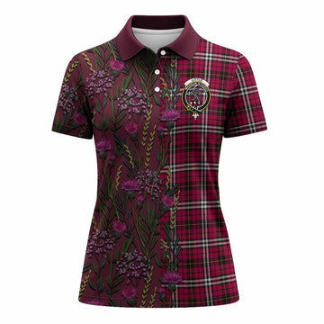 Little Family Crest Tartan Women Polo Shirt Scottish Thistle Flower Pattern Half Style