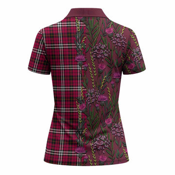 Little Family Crest Tartan Women Polo Shirt Scottish Thistle Flower Pattern Half Style