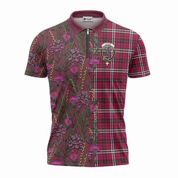 Little Family Crest Tartan Zipper Polo Shirt Scottish Thistle Flower Pattern Half Style