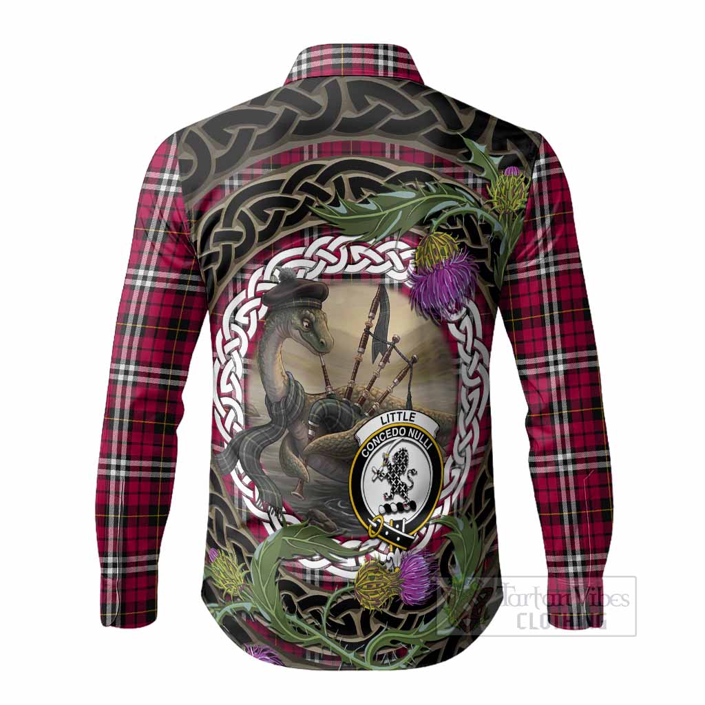 Little Tartan Crest Bagpipe Nessie Long Sleeve Button Shirts Scottish Loch Ness Monster Celtic Thistle