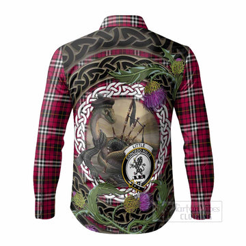 Little Tartan Crest Bagpipe Nessie Long Sleeve Button Shirts Scottish Loch Ness Monster Celtic Thistle