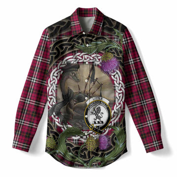Little Tartan Crest Bagpipe Nessie Women Casual Shirt Scottish Loch Ness Monster Celtic Thistle