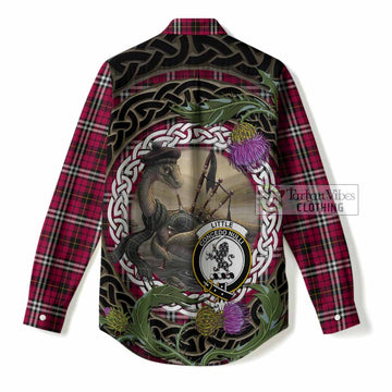 Little Tartan Crest Bagpipe Nessie Women Casual Shirt Scottish Loch Ness Monster Celtic Thistle