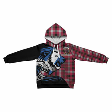 Little Tartan Crest Kid Hoodie Scottish Golden Lions Wave Flow