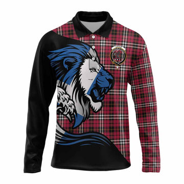 Little Tartan Crest Long Sleeve Polo Shirt Scottish Golden Lions Wave Flow