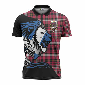 Little Tartan Crest Zipper Polo Shirt Scottish Golden Lions Wave Flow