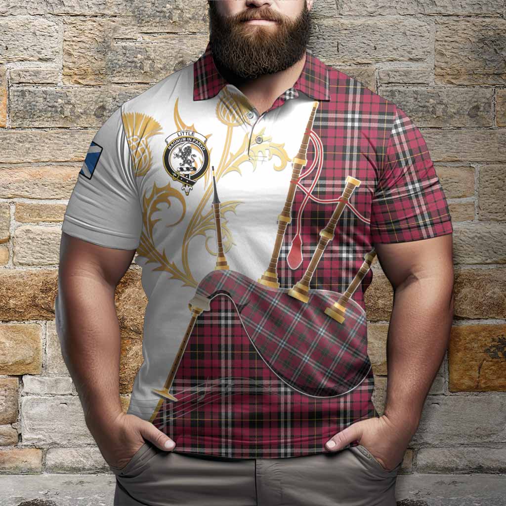 Little Tartan Family Crest Polo Shirt Bagpipes with Scottish Thistle
