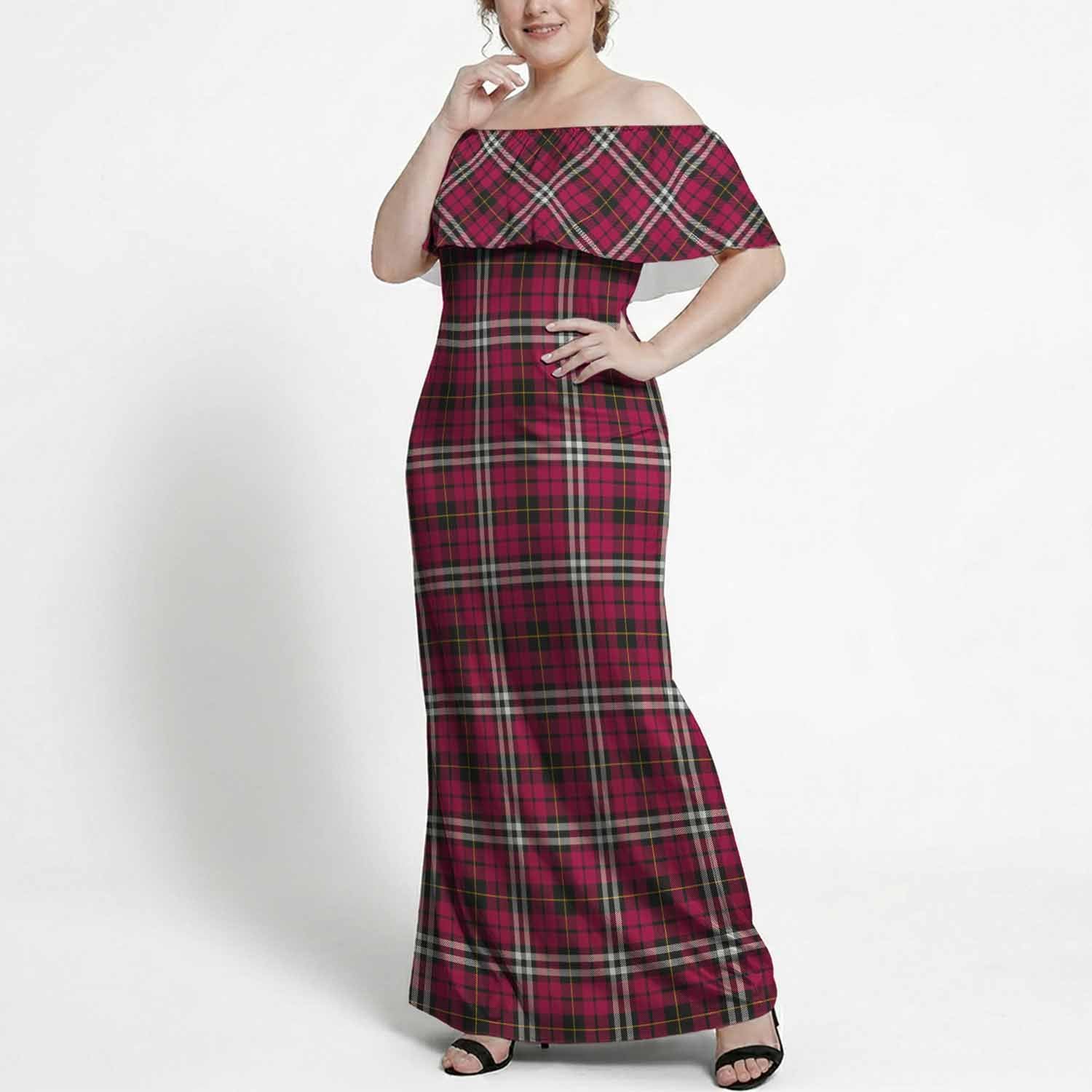 Little Tartan Off Shoulder Ruffle Maxi Dress