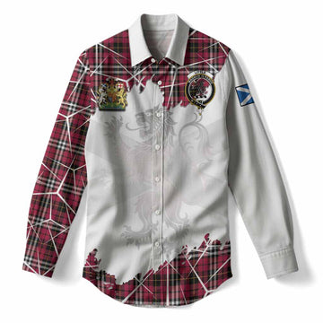 Little Tartan Women Casual Shirt with Family Crest and Lion Rampant Grunge Style