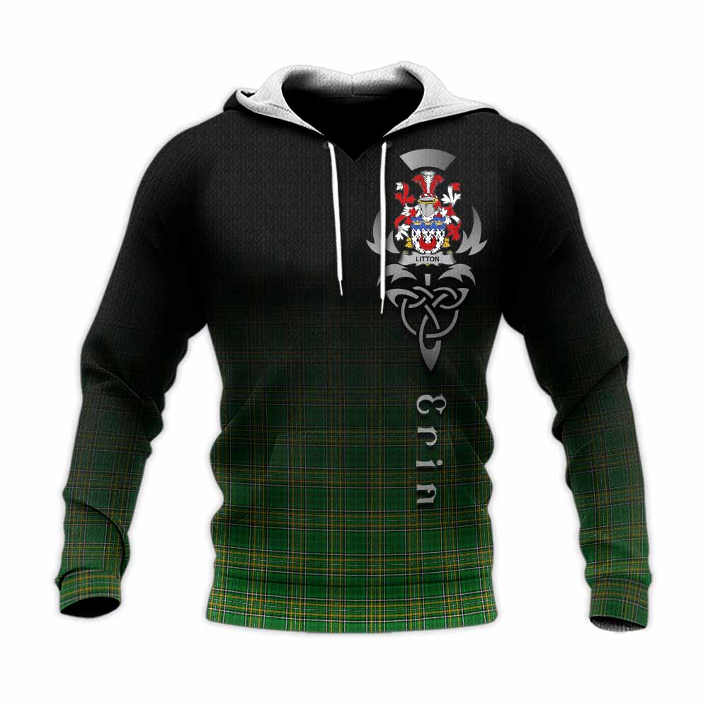 Tartan Vibes Clothing Litton Irish Clan Knitted Hoodie with Coat of Arms Erin Go Bragh Celtic Inspired