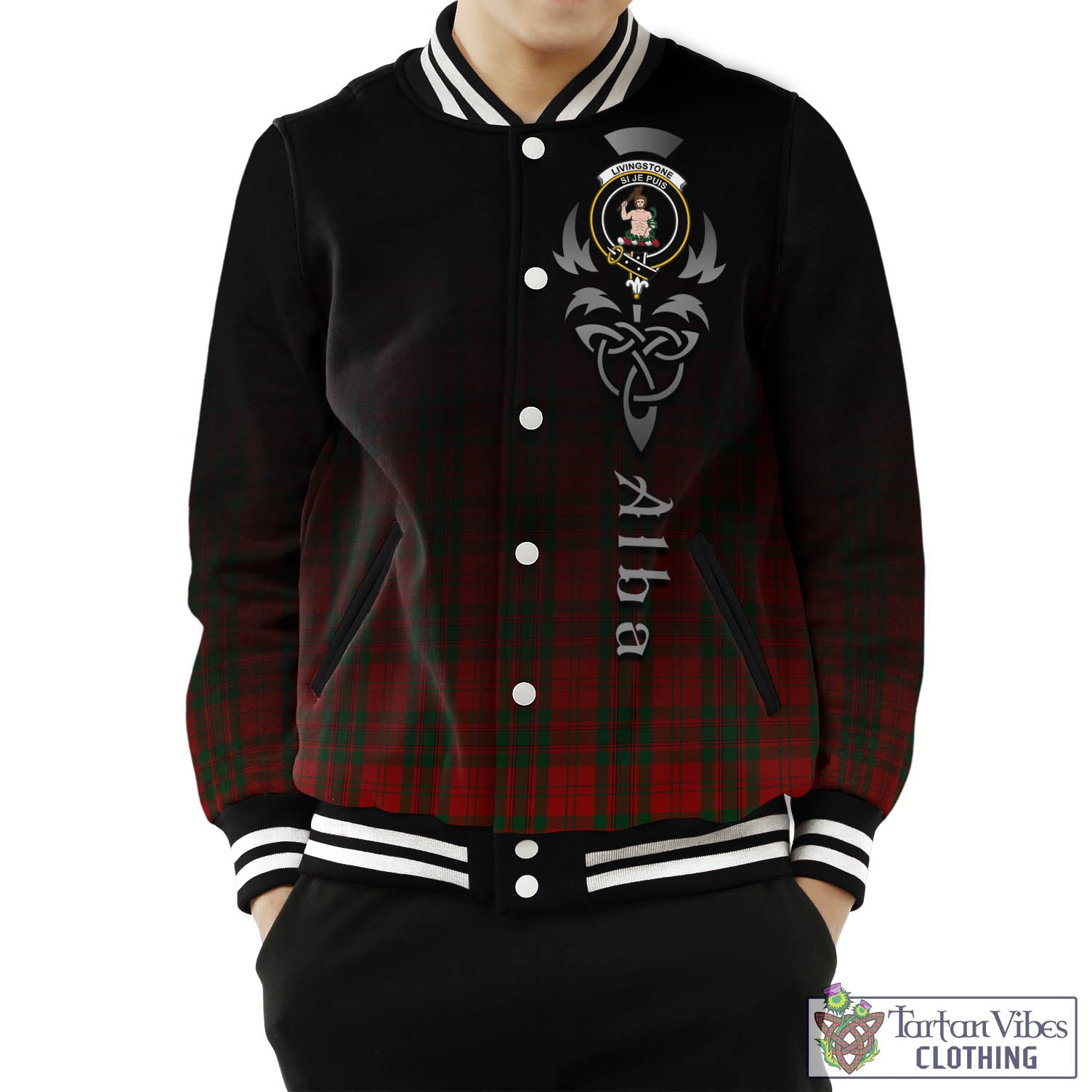 Livingstone Tartan Baseball Jacket Featuring Alba Gu Brath Family Crest Celtic Inspired Unisex - Tartan Vibes Clothing