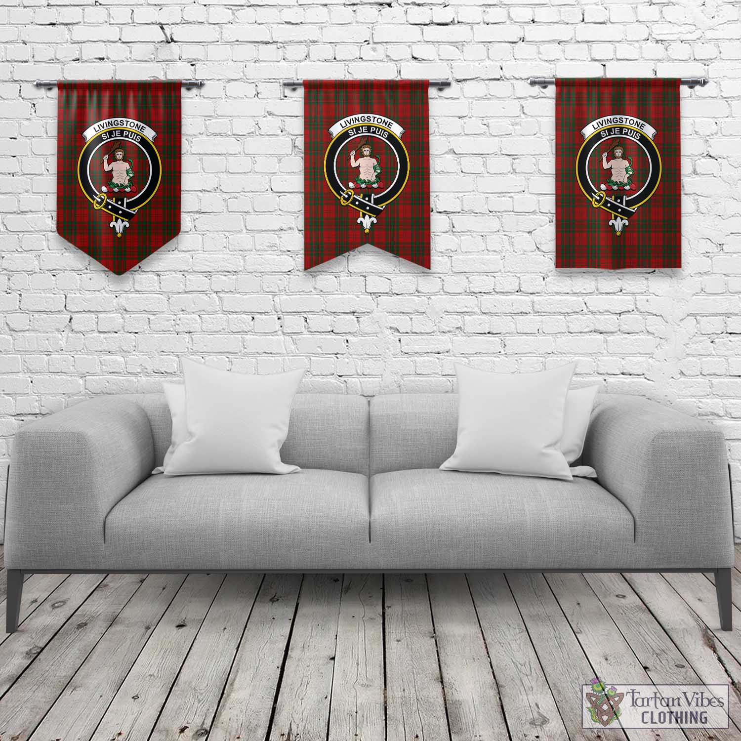 Livingstone Tartan Gonfalon, Tartan Banner with Family Crest Rectangle - Tartan Vibes Clothing