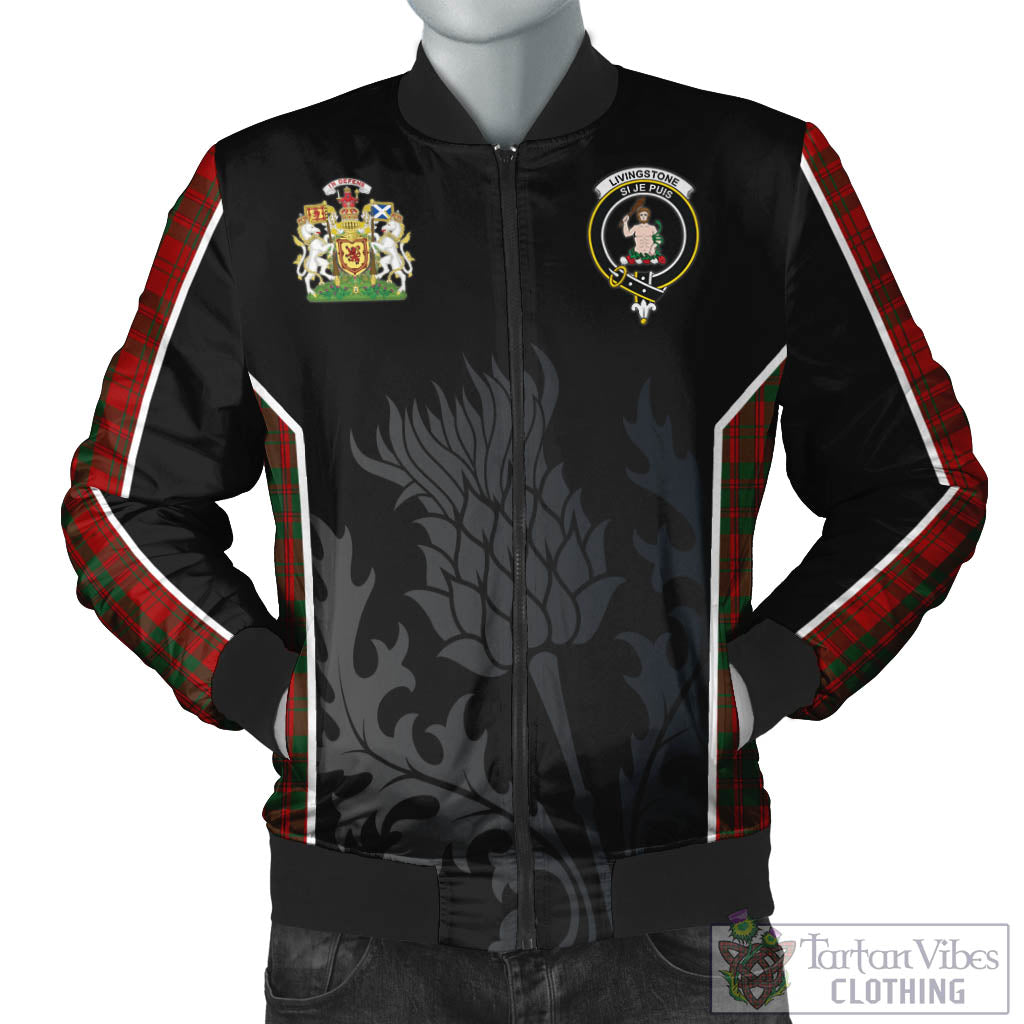 Livingstone Tartan Bomber Jacket with Family Crest and Scottish Thistle Vibes Sport Style Unisex Black - Tartan Vibes Clothing