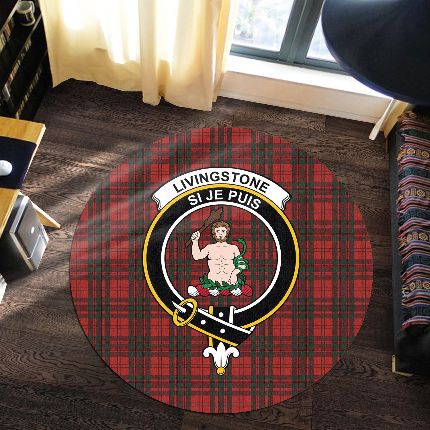 Livingstone Tartan Round Rug with Family Crest Premium Round Rug - Tartan Vibes Clothing