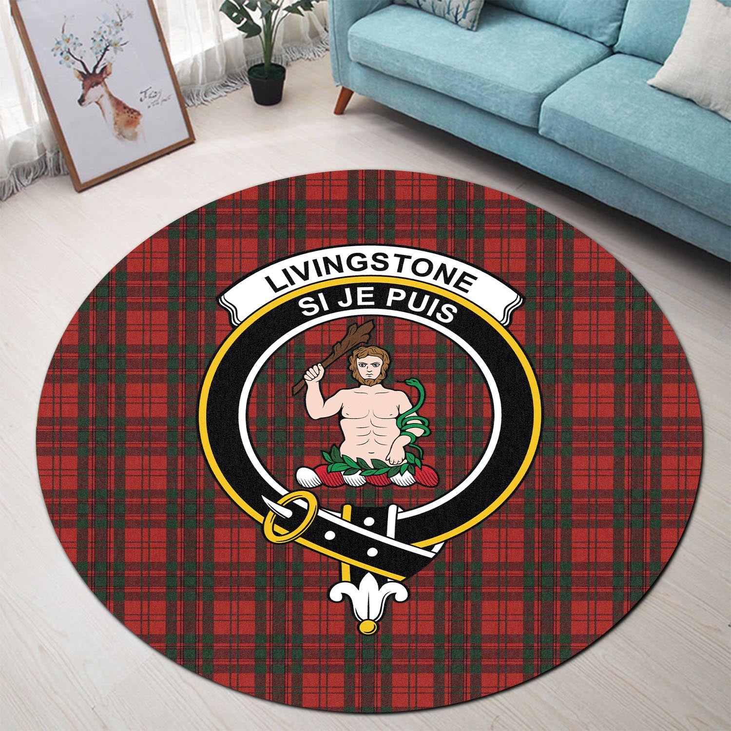 Livingstone Tartan Round Rug with Family Crest - Tartan Vibes Clothing