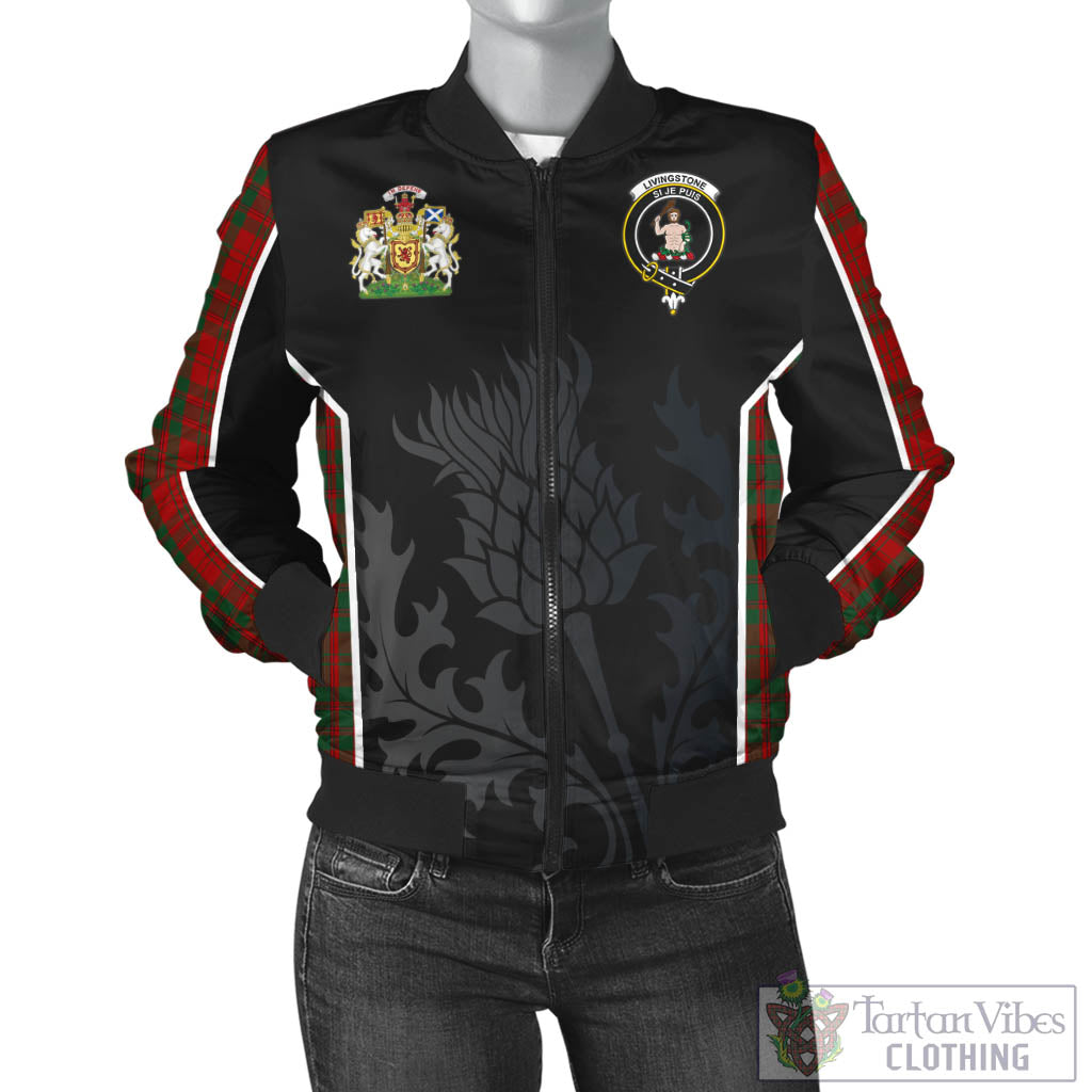Livingstone Tartan Bomber Jacket with Family Crest and Scottish Thistle Vibes Sport Style - Tartan Vibes Clothing
