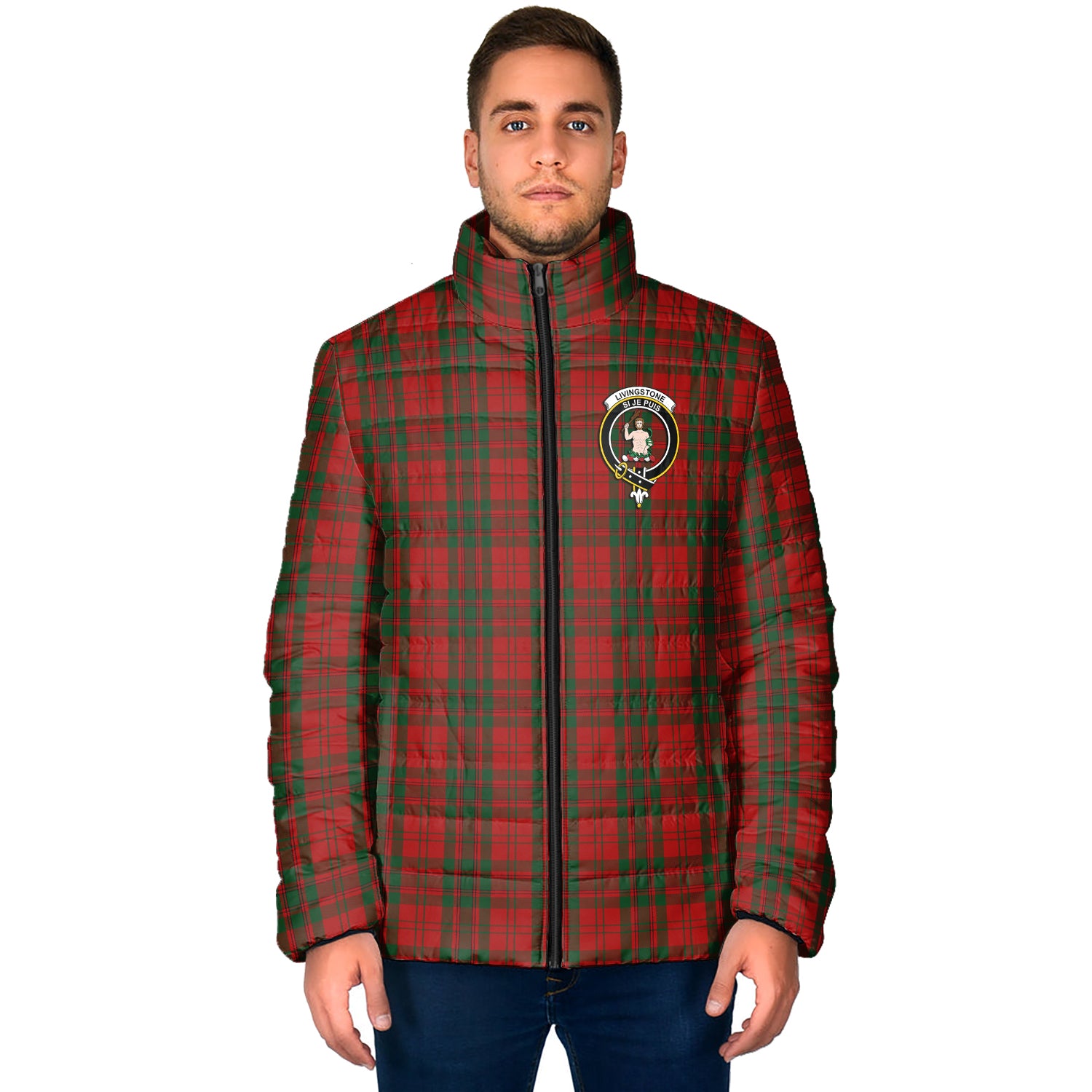 Livingstone Tartan Padded Jacket with Family Crest - Tartan Vibes Clothing