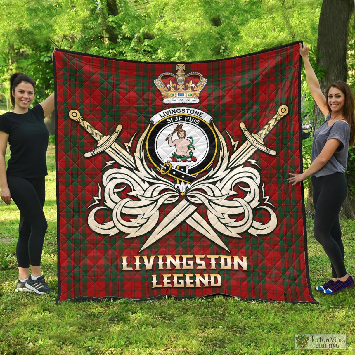 Tartan Vibes Clothing Livingston Tartan Quilt with Clan Crest and the Golden Sword of Courageous Legacy