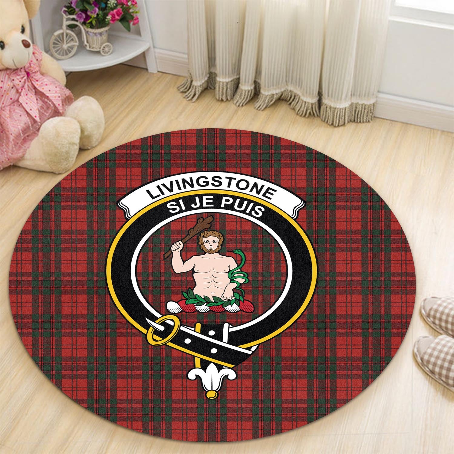 Livingstone Tartan Round Rug with Family Crest - Tartan Vibes Clothing