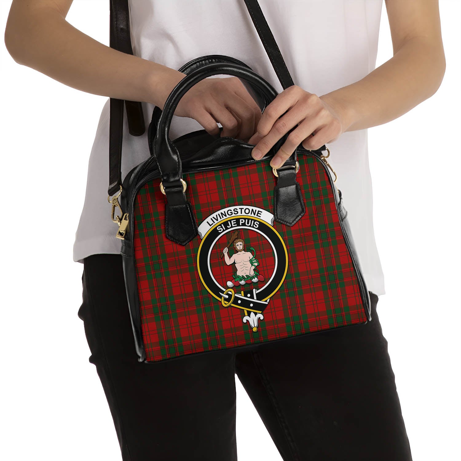 Livingstone Tartan Shoulder Handbags with Family Crest - Tartan Vibes Clothing