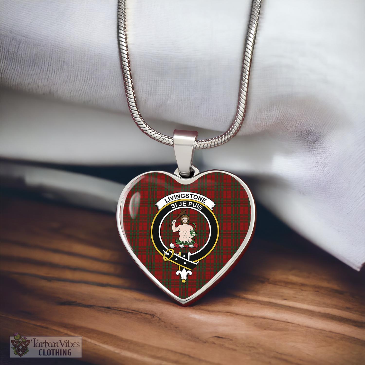 Livingstone Tartan Heart Necklace with Family Crest - Tartan Vibes Clothing
