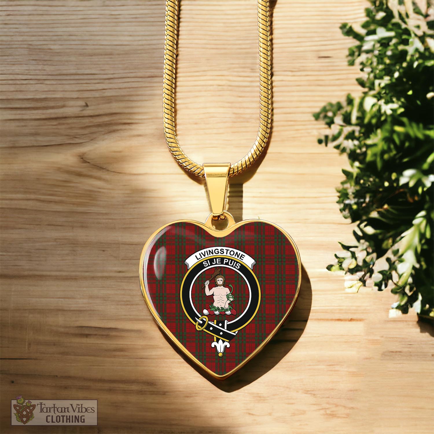Livingstone Tartan Heart Necklace with Family Crest Luxury Necklace (Gold) No - Tartan Vibes Clothing
