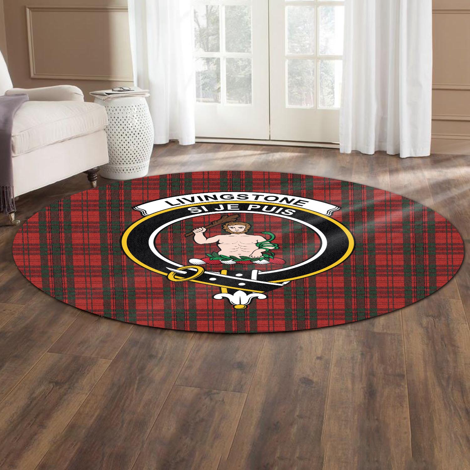 Livingstone Tartan Round Rug with Family Crest - Tartan Vibes Clothing